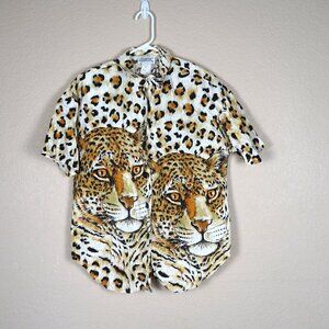 Vintage 90s Leopard Graphic Print Cotton Button Down Shirt Indie Skater Colorful